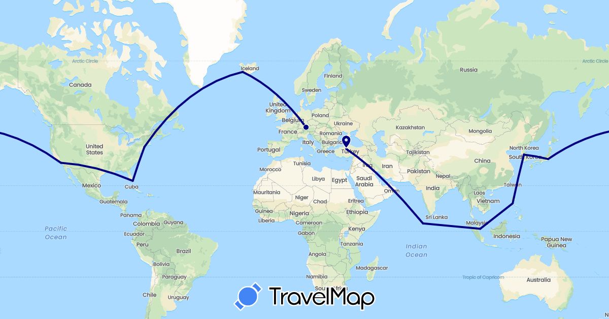 TravelMap itinerary: driving in United Arab Emirates, Germany, Iceland, Japan, South Korea, Maldives, Philippines, Singapore, Turkey, United States (Asia, Europe, North America)